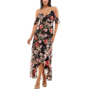 NWT Speechless Black Red Floral Ruffled Hem High Low Maxi Cold Shoulder Dress